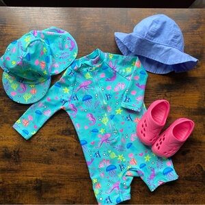 Baby Infant Girl One Piece Swimsuit Rashguard Set w/Sun Hat and Water Shoes 0-3m